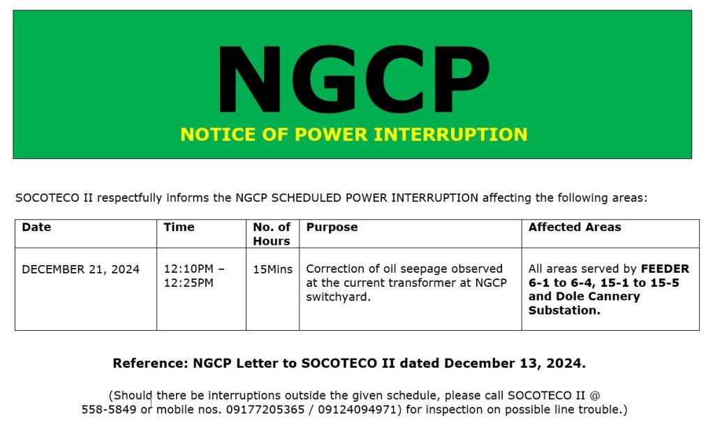 NGCP NOTICE OF SCHEDULED POWER INTERRUPTION on December 21, 2024